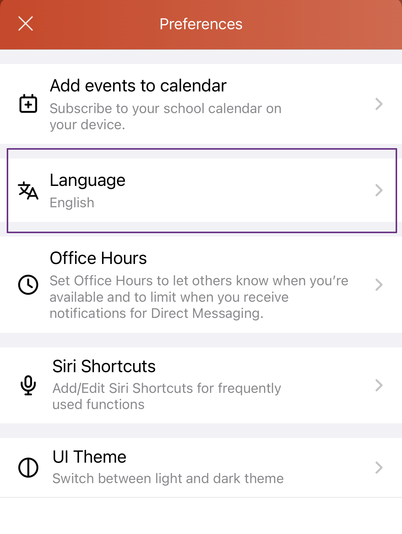 A screenshot of the ParentSquare App under the person's name to choose their language preference.